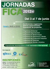 Cartel de las Jornadas de Ingeniería FICA 2013 en la UDLA donde participa CINTELAM