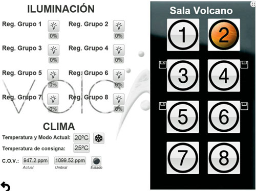 Iluminación y clima en el software de control del Centro Deportivo Volcano
