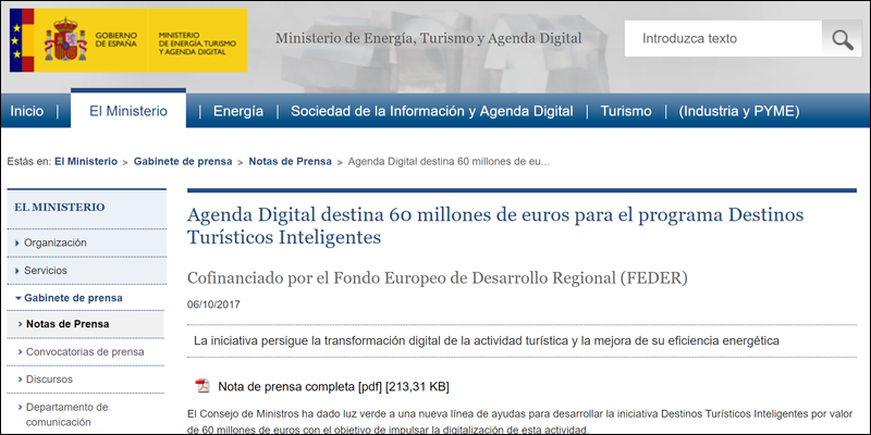 Agenda Digital destina 60 millones de euros para el programa Destinos Turísticos Inteligentes