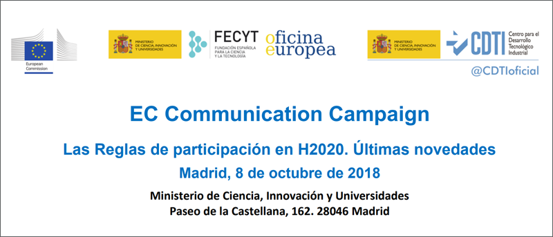 Cartel jornada EC Communication Campaign: Las Reglas de participación en Horizonte 2020. Últimas novedades
