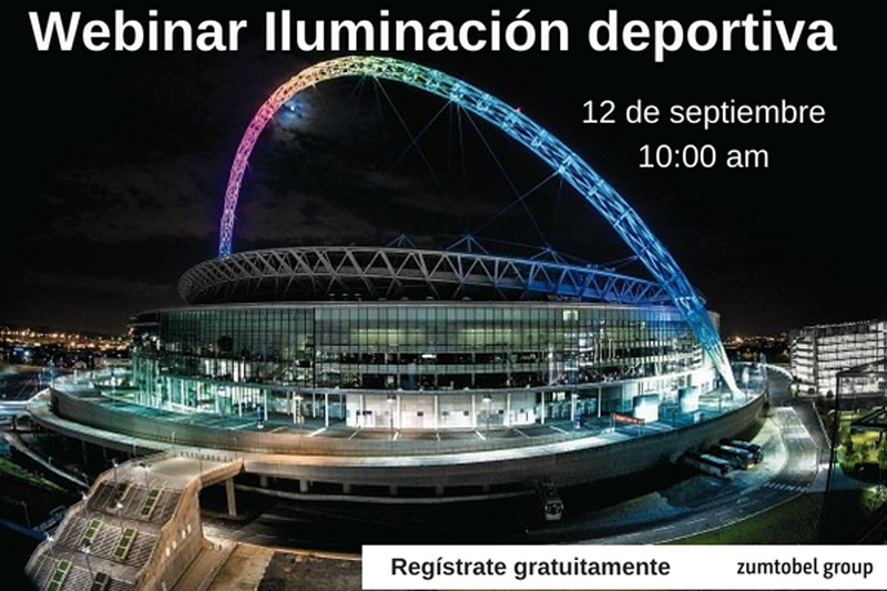 folleto del webinars de Zumbotel con un estadio iluminado