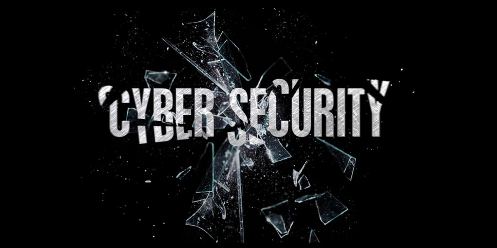 La palabra cibersecurity con un cristal roto de fondo.