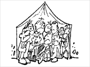 Un dibujo de una tienda de campaña llena de gente.