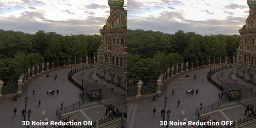 Dos imágenes de la misma plaza aplicación el filtro de reducción de ruido 3D y sin el filtro.