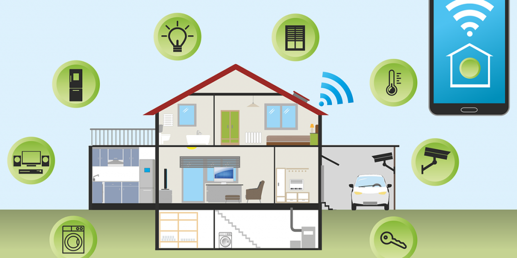 Un dibujo de una casa rodeada de iconos de dispositivos inteligentes y un móvil.