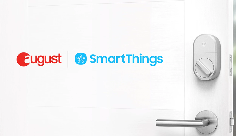 Una cerradura electrónicas con el logo de August y SmartThings.