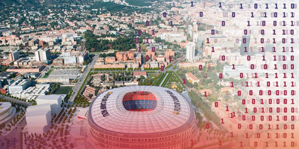 Vista aérea del Espai Barça con ceros y unos en el lado derecho de la imagen.