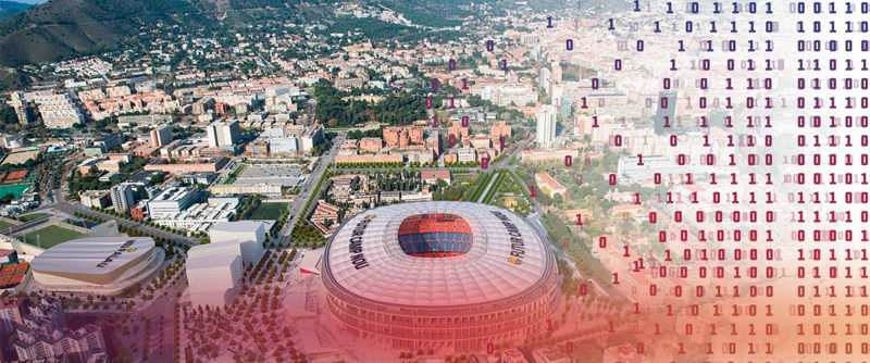 Vista aérea del Espai Barça con ceros y unos en el lado derecho de la imagen. 