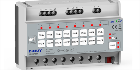 El actuador RE KNT 008 de Dinuy controla cargas resistivas, inductivas, capacitivas y LED de las lámparas