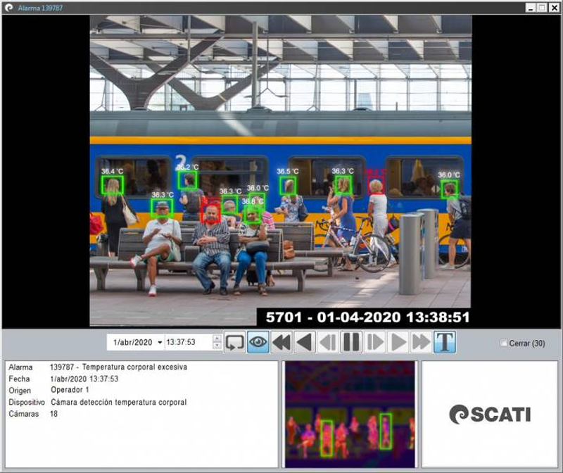 Sistema de gestión de vídeo de Scati con temperatura corporal. 