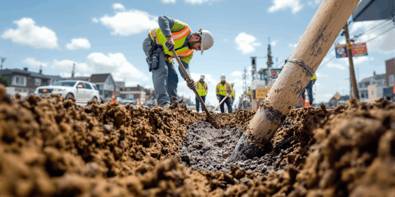 Ilustración de una ciudad conectada con redes de banda ancha rápidas, con iconos de internet y fibra óptica que simbolizan el despliegue digital