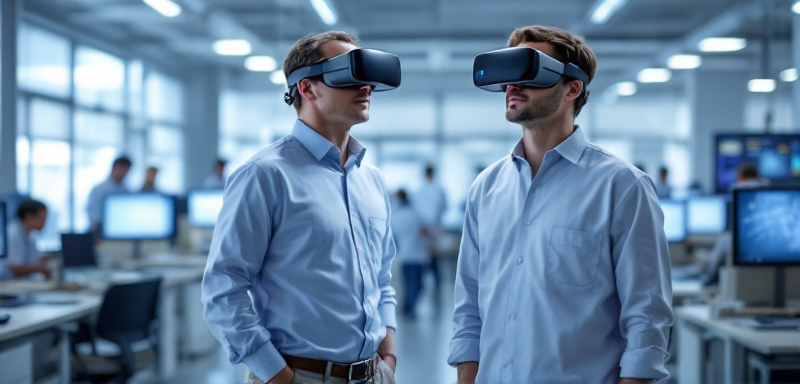 Dos investigadores con gafas de realidad virtual dentro de un laboratorio avanzado.