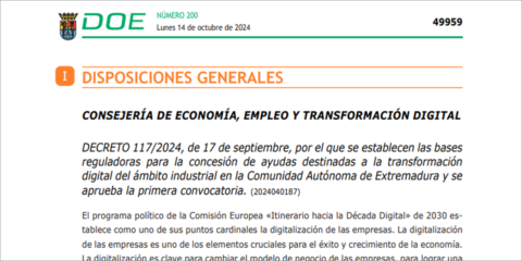 Nueva convocatoria de ayudas para la transformación digital del ámbito industrial de Extremadura