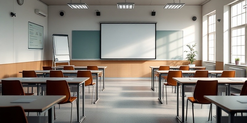 Aula vacía moderna con varias mesas y sillas y una pizarra interactiva al frente.