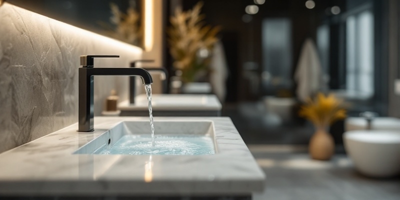 Lavabo de hotel con grifo abierto y agua corriendo, fondo de baño borroso