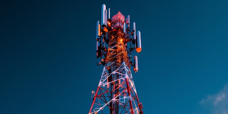 Imagen de una torre de telecomunicaciones de metal contra un cielo claro, destacando su estructura avanzada.