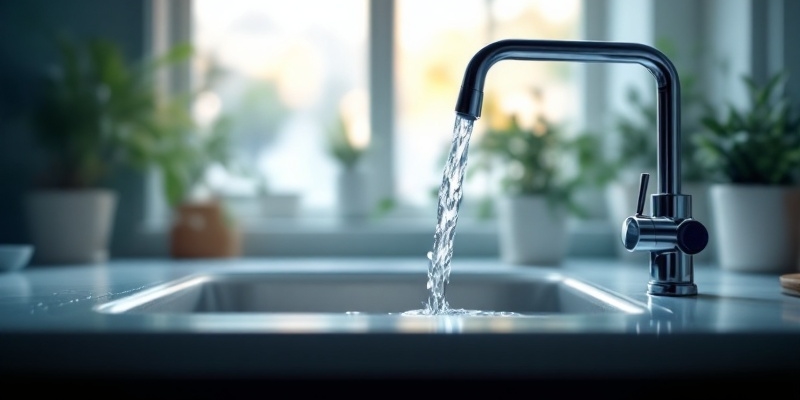 Imagen hiperrealista de monitoreo de agua potable en una casa, con agua fluyendo del grifo al fregadero.