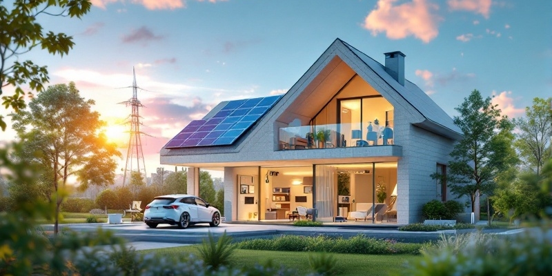 Casa inteligente moderna con paneles solares, vehículo eléctrico y panel de control mostrando datos.