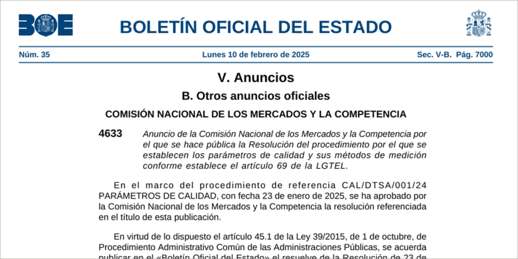 BOE resolución parámetros de calidad y medición de las telecomunicaciones de la CNMC.