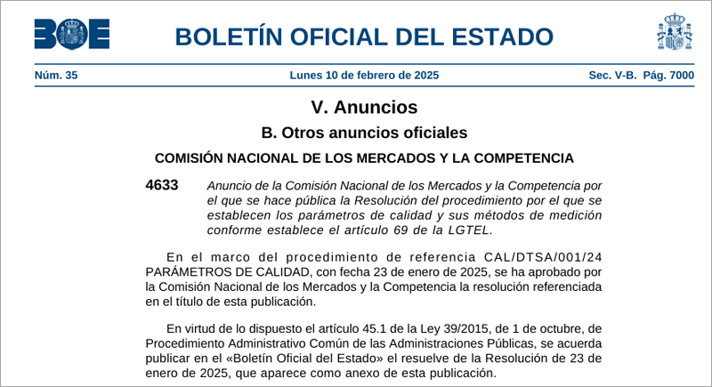 BOE resolución parámetros de calidad y medición de las telecomunicaciones de la CNMC.