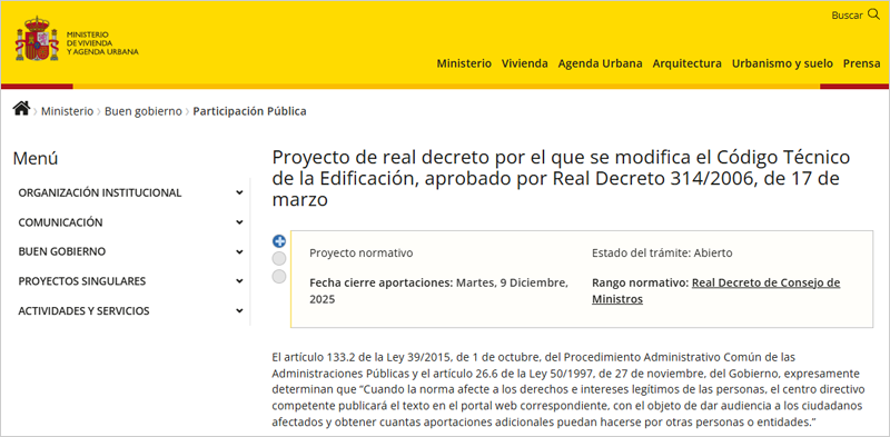 Audiencia pública del proyecto de real decreto por el que se modifica el Código Técnico de la Edificación