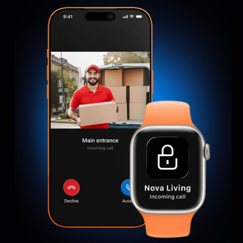 Un Apple Watch muestra una notificación de llamada del intercomunicador 2N con la app My2N para control de accesos