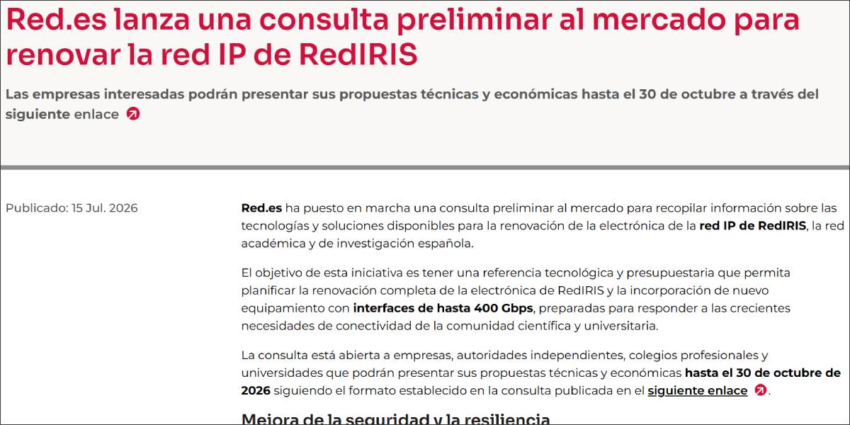 Imagen sobre la consulta de Red.es para renovar la red IP de RedIRIS con conectividad de hasta 400 Gbps
