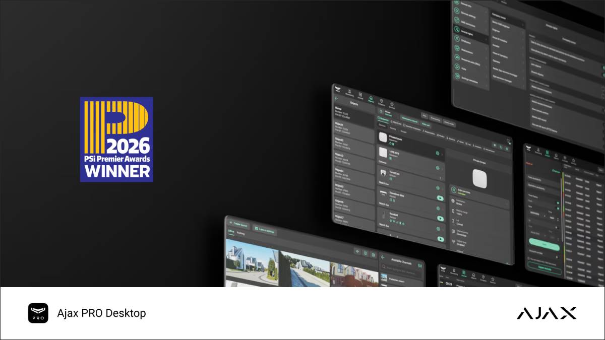 Imagen de Ajax PRO Desktop como ganador en los PSI Premier Awards 2026, galardón del sector de la seguridad.