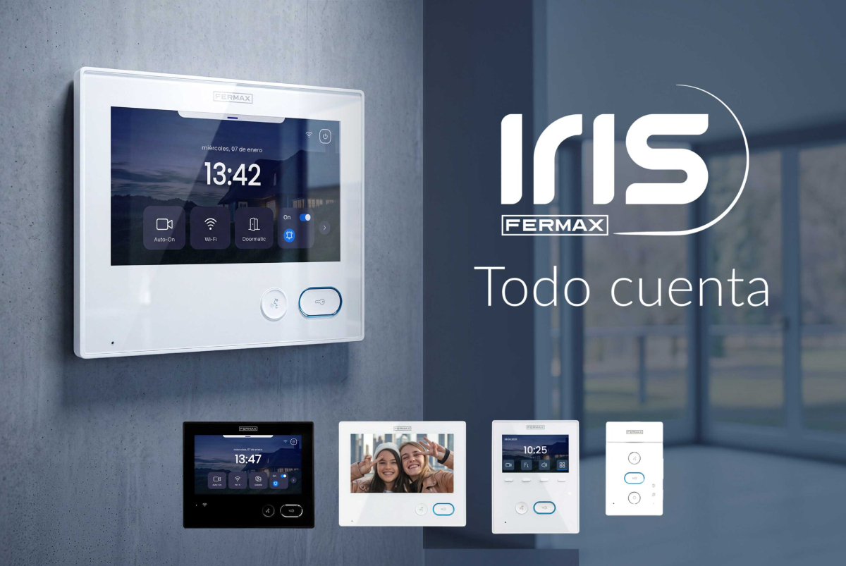 Monitor manos libres Iris by FERMAX con diseño minimalista, pantalla táctil y tecnología Duox Plus para videoportero.