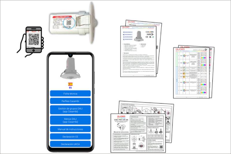 Figura 3: Cada producto tiene un código QR donde podrás consultar o descargarte múltiples documentos: fichas técnicas, perfiles Casambi, manuales, etc…