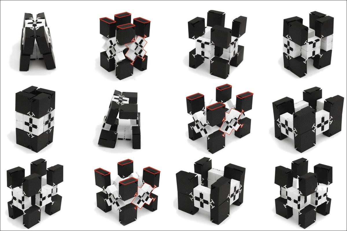 Unidad de metamaterial y cuatro configuraciones de bloques bifur-circuits ensamblados.
