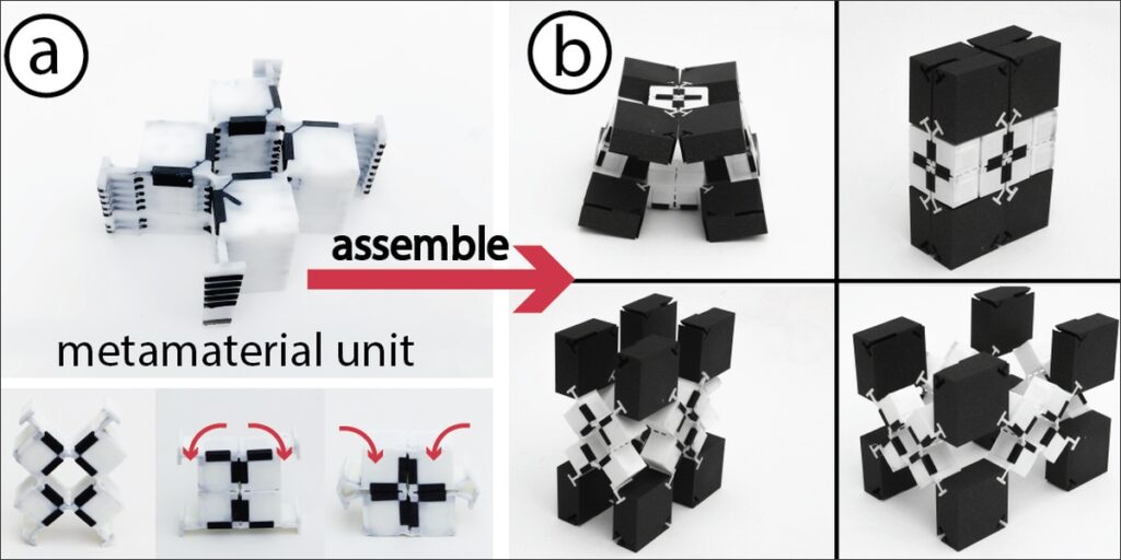 Unidad de metamaterial y cuatro configuraciones de bloques bifur-circuits ensamblados.