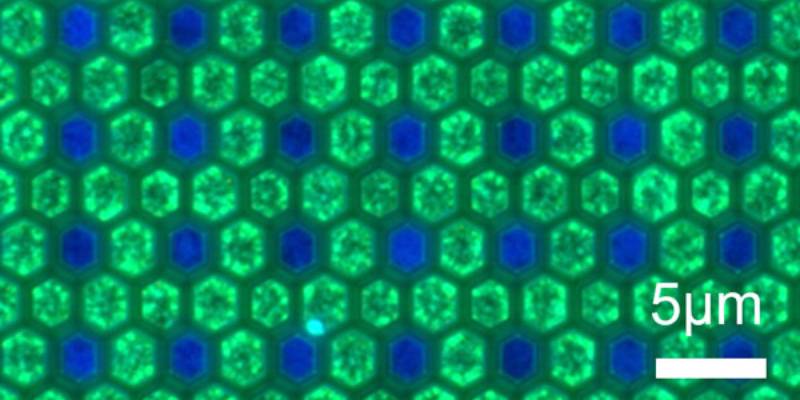 Imagen microscopía de fluorescencia de subpíxeles azules y verdes con paso de 5 μm, fabricada por epitaxia secuencial sobre un sustrato de GaN/Si de 200 mm.