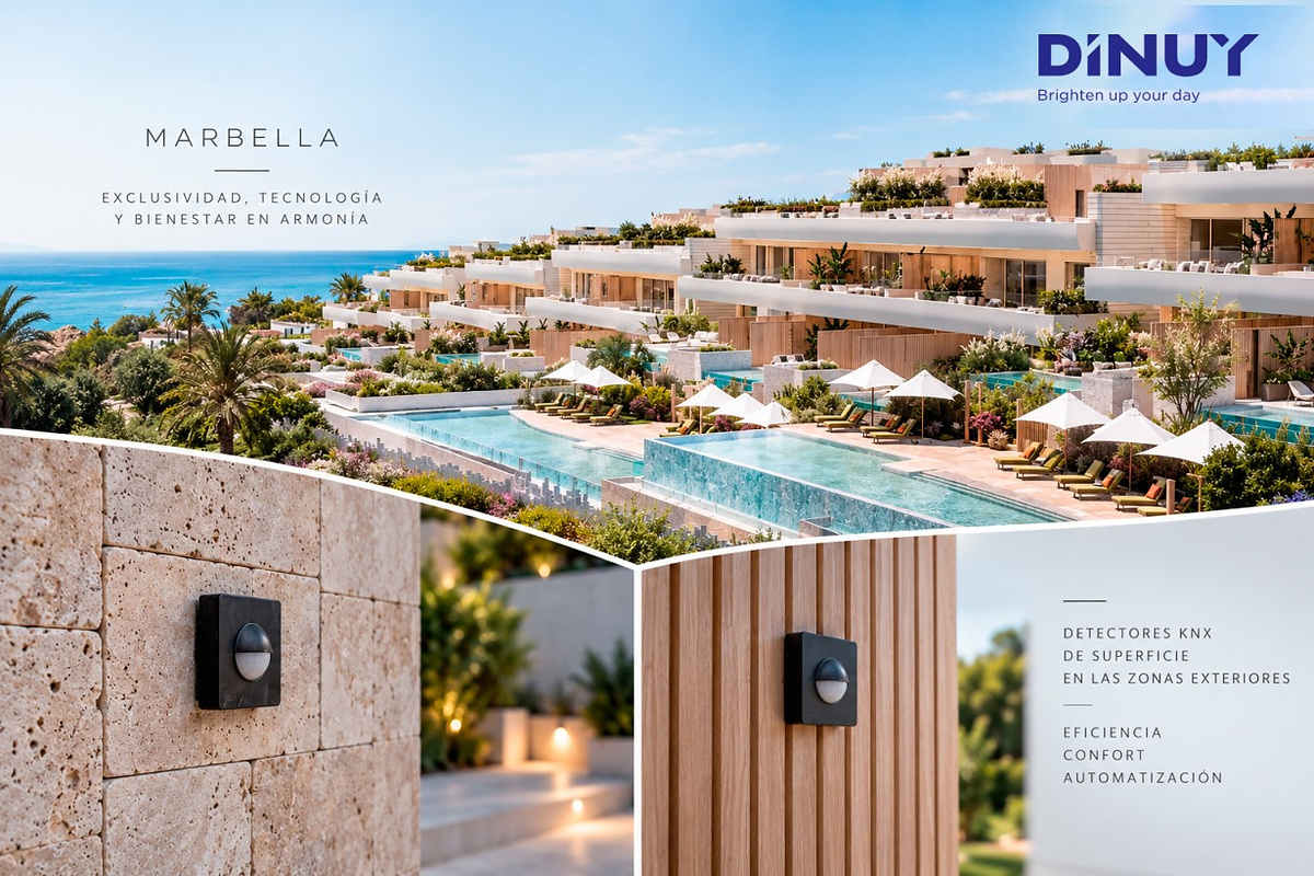 Detector multifunción KNX de DINUY instalado en el exterior de una villa de Dunique Marbella para automatizar la iluminación.