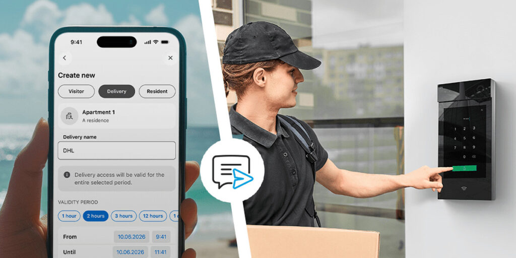 Teléfono con la My2N App, un repartidor y el videoportero de un edificio para introducir un código temporal de acceso
