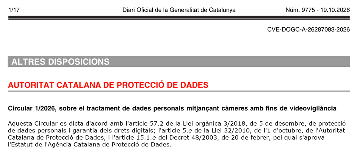 Referencia a la APDCAT y a la nueva circular sobre videovigilancia, protección de datos y uso de cámaras en Cataluña.