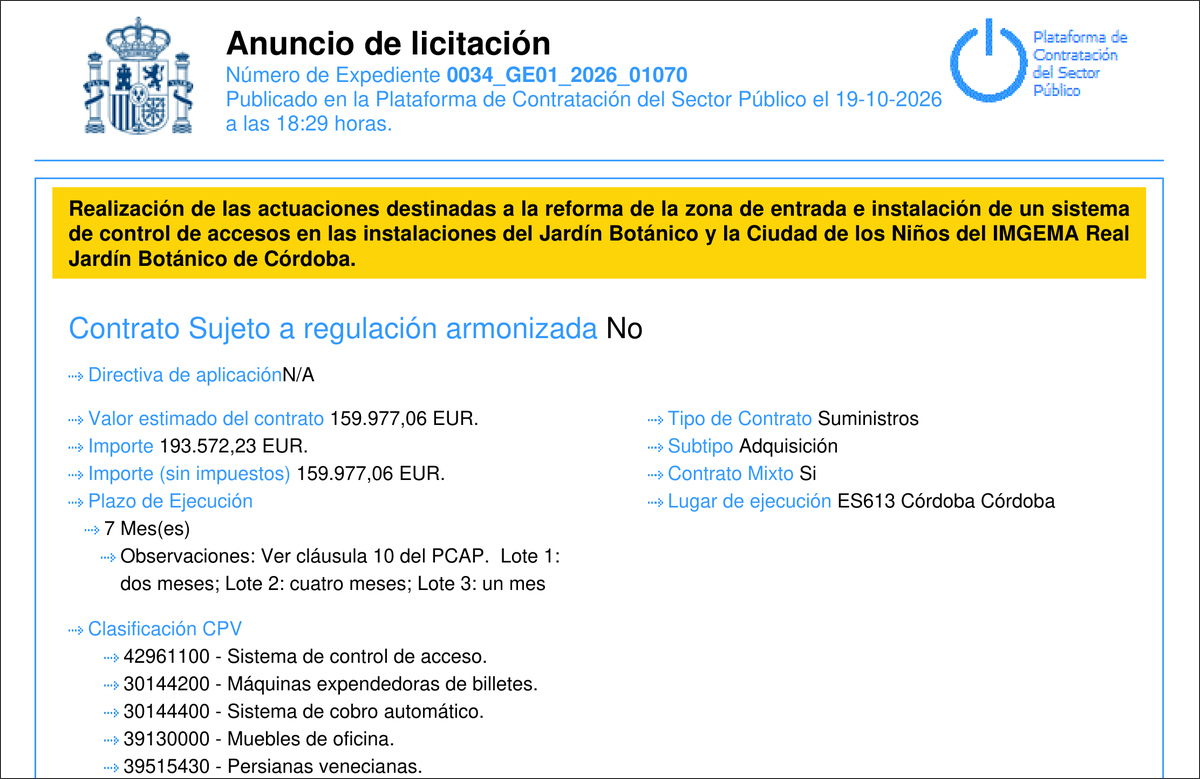 Cabecera y título del anuncio de licitación del IMGEMA para reformar los accesos del Jardín Botánico y la Ciudad de los Niños de Córdoba.