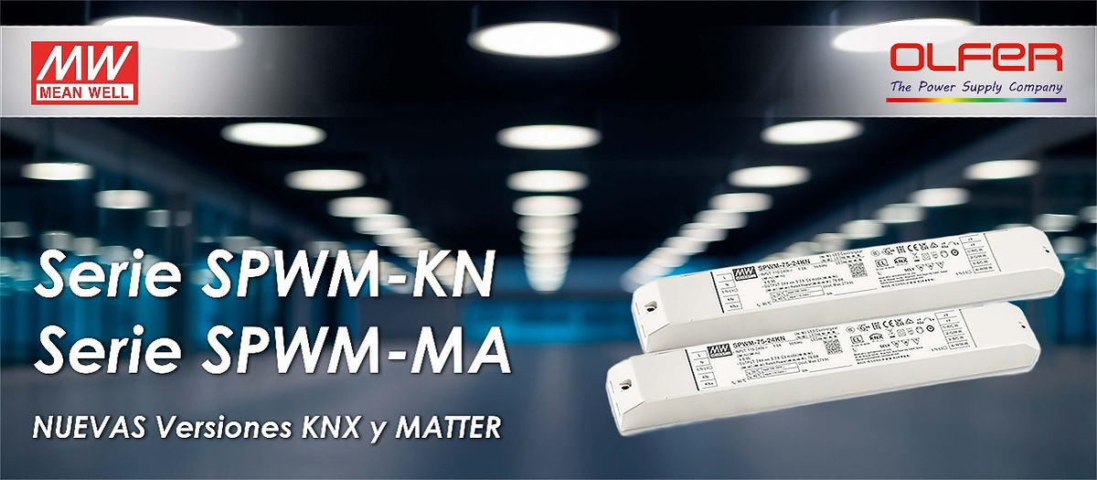 Drivers lineales Mean Well SPWM para tiras LED, con versiones KNX y Matter para iluminación inteligente.