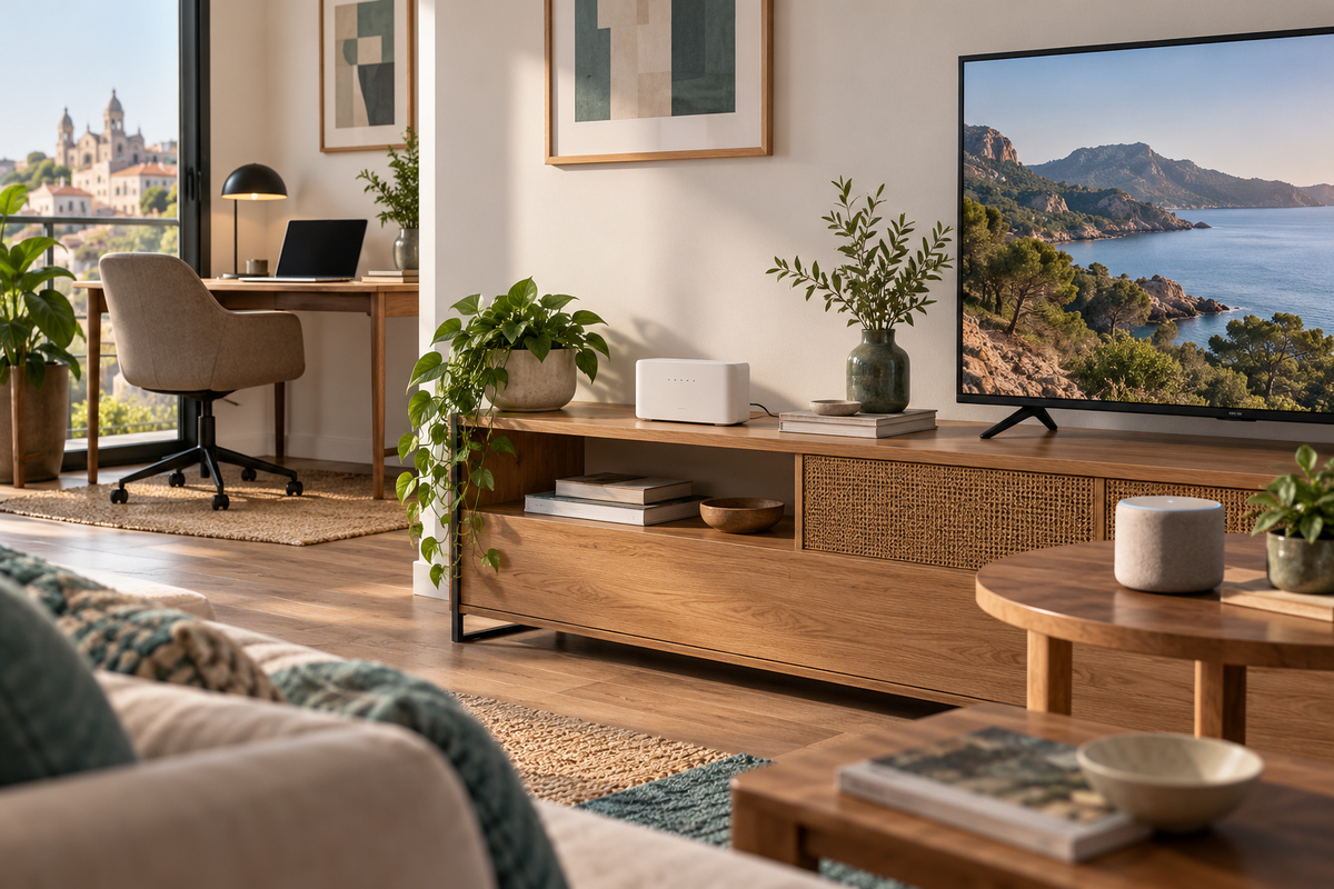Salón con router, televisor y altavoz inteligente, junto a una zona de trabajo con ordenador portátil.