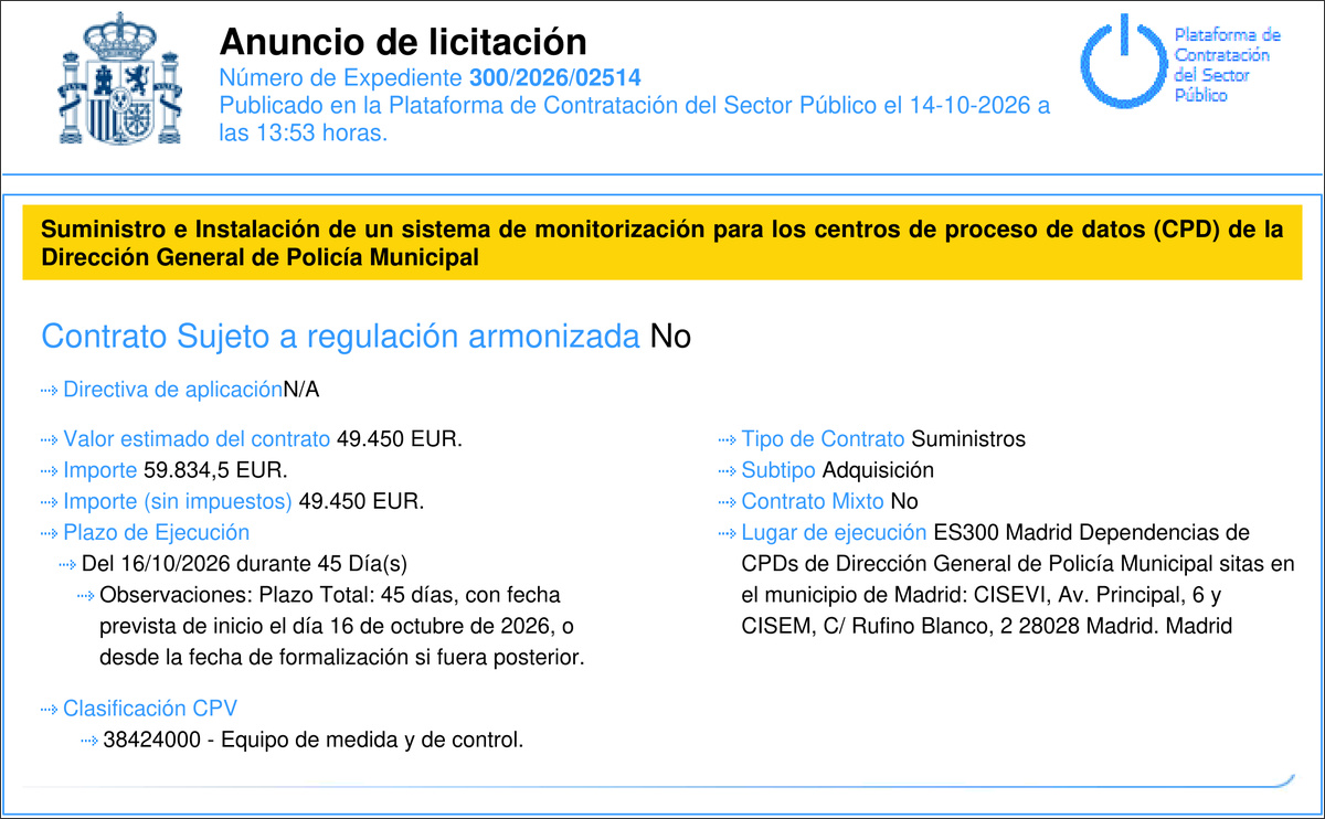 Anuncio de licitación del sistema de monitorización ambiental y eléctrica para los CPD de la Policía Municipal de Madrid.