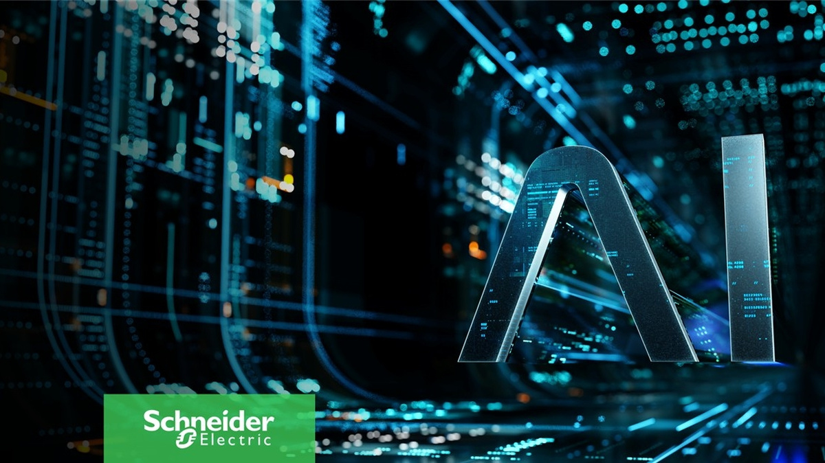Ilustración con las letras AI sobre un fondo tecnológico y el logotipo de Schneider Electric.