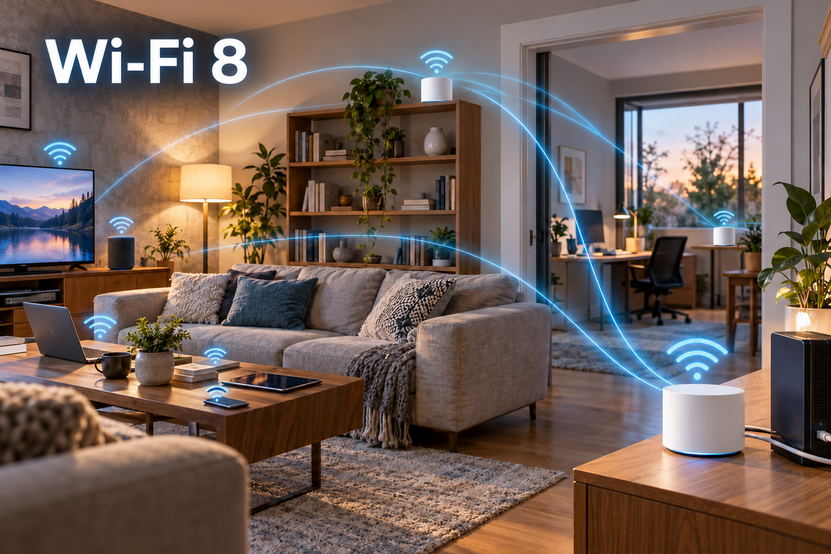 Ilustración de conectividad Wi-Fi 8 en un hogar, con una red doméstica de malla y varios dispositivos conectados